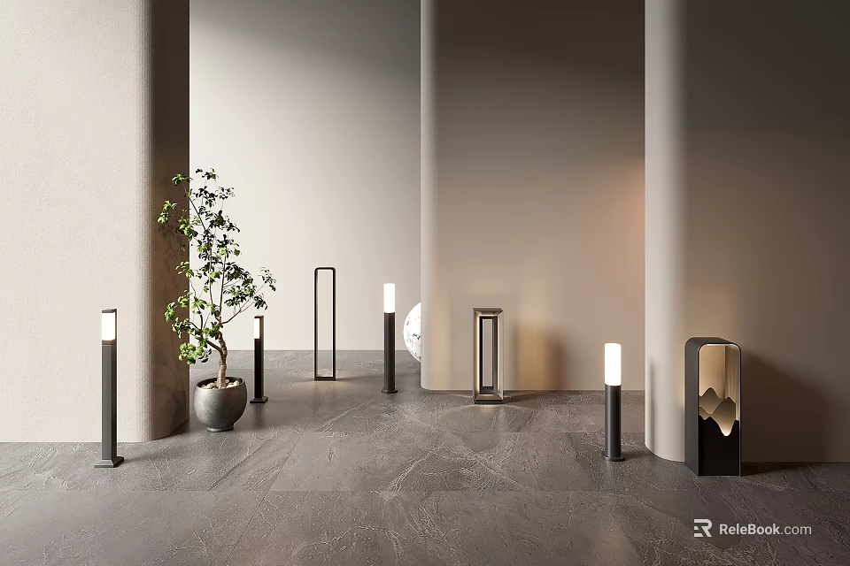 Modern Outdoor Pillar Lights Illuminating Courtyard Entrance With Plant And Gray Tiles 3d model 