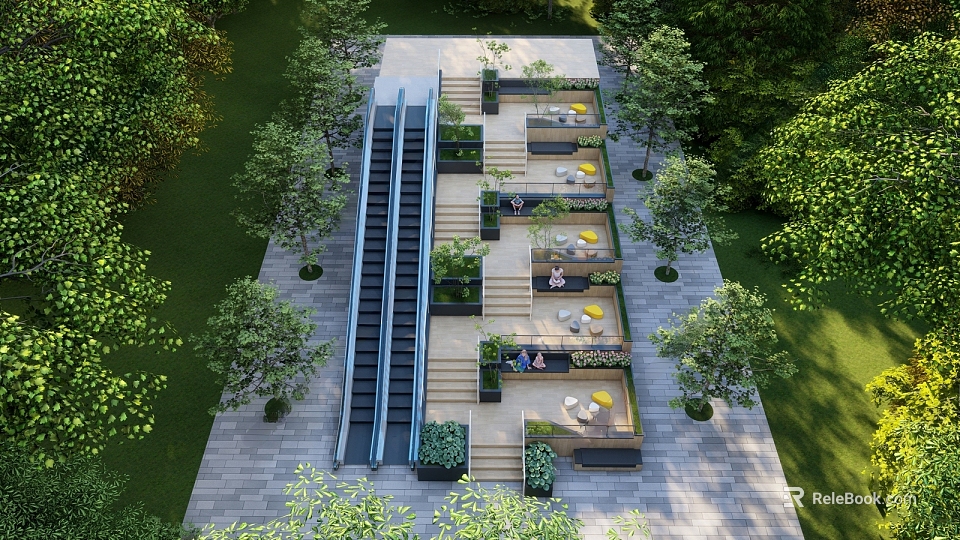 Modern Commercial Landscape Design Featuring Terraced Staircase Seating Areas Green Trees And Lighting Elements 3d model 
