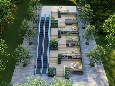 Modern Commercial Landscape Design Featuring Terraced Staircase Seating Areas Green Trees And Lighting Elements 3d model