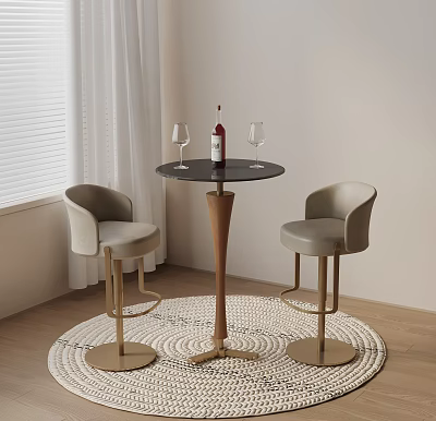Round Black Bar Counter With Wooden Column Grey Stools Red Wine And Woven Rug 3d model