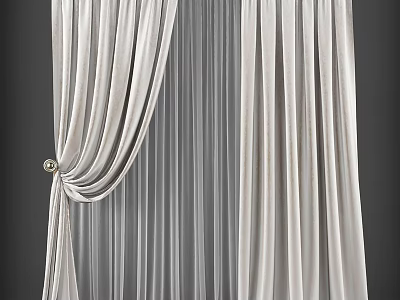 White Velvet Curtains With Sheer Liner And Decorative Tieback Design 3d model