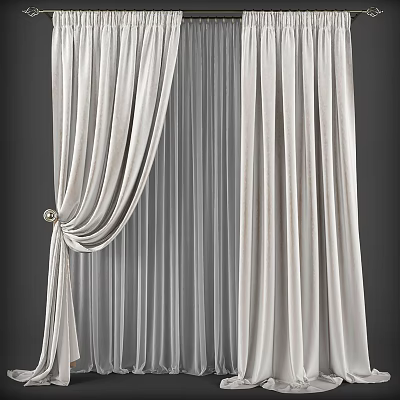 White Velvet Curtains With Sheer Liner And Decorative Tieback Design 3d model