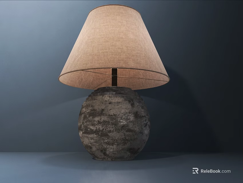 Modern Table Lamp With Textured Round Base And Beige Fabric Cone Shade 3d model 