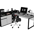 Modern Office Desk Setup with Computer Chair Lamp Headphones Storage Cabinet and Stationery