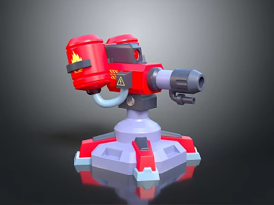 Red Turret Weapon Featuring Flame Logo Gray Barrel And Purple Red Base 3d model