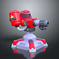Red Turret Weapon Featuring Flame Logo Gray Barrel And Purple Red Base 3d model