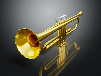 Golden Brass Trumpet Instrument with Shiny Surface and Reflection on Dark Background 3d model