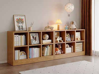 Wooden Bookcase With Books Toys Globe Lamp Photo Frame And Decorative Items In Cozy Home 3d model