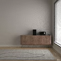 Black Audio Speaker System On Wooden Cabinet With Remote Control And Window Blinds