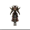 Fantasy Creature Character In Ornate Gold Black Armor With Horns Spiked Details And Red Cape