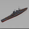 Large Battleship Water Transport with Multiple Turrets Masts Gray Hull and Red Bottom Design