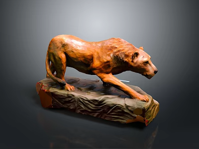 Handcrafted Brown Lion Sculpture In Dynamic Walking Pose With Stone Base 3d model