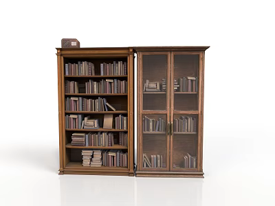 Vintage Wooden Bookcase Set With Open Shelves And Glass Doors Filled With Books 3d model