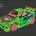 Green Modified Racing Car With Blue Orange Flame Decals Rear Spoiler SHAD Logo White Wheels