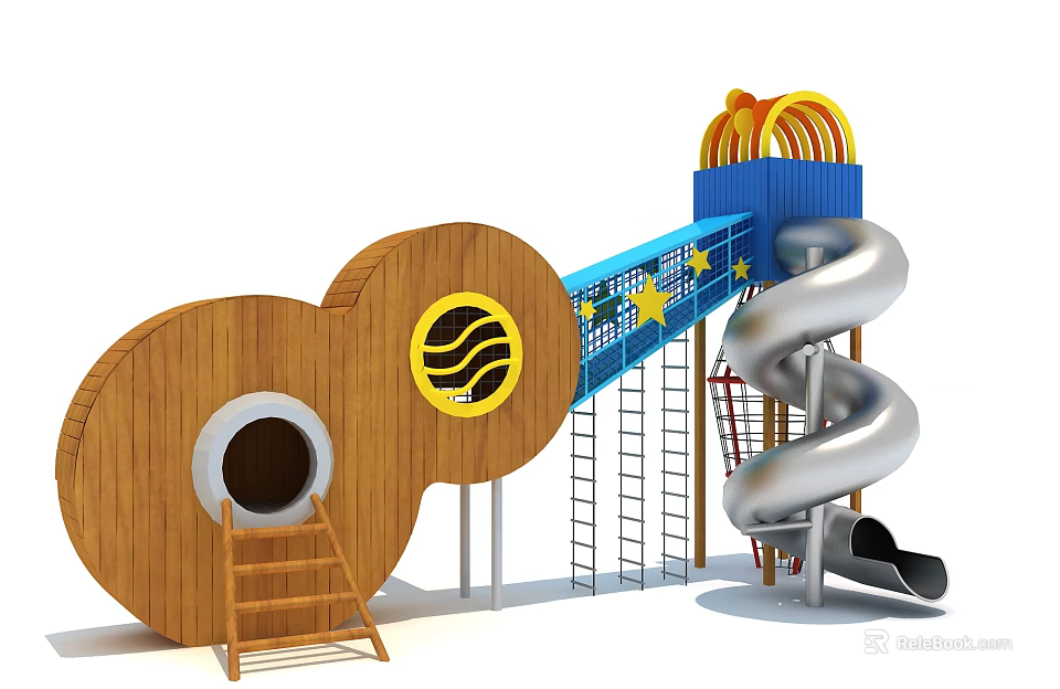 Playground Equipment Featuring Wooden Tunnel Yellow Wave Logo Blue Star Section and Metal Spiral Slide 3d model 