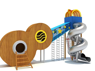 Playground Equipment Featuring Wooden Tunnel Yellow Wave Logo Blue Star Section and Metal Spiral Slide 3d model