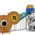 Playground Equipment Featuring Wooden Tunnel Yellow Wave Logo Blue Star Section and Metal Spiral Slide