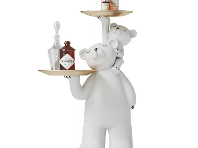Decorative White Bear Sculpture With Small Bear On Back Holding Tray With Bottles And Items 3d model
