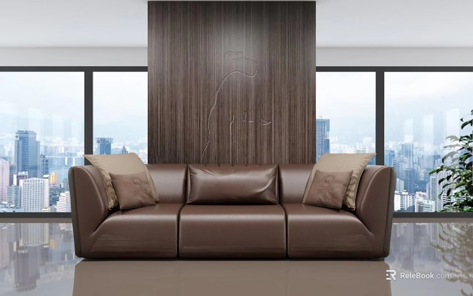 Modern Brown Leather Three Seater Sofa With Wooden Wall And City View 3d model 