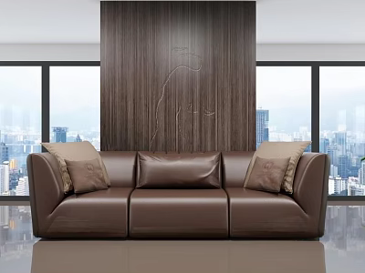 Modern Brown Leather Three Seater Sofa With Wooden Wall And City View 3d model