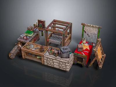 Artisan Workshop Scene With Wooden Frame Stone Wall Workbench Red Cabinet Easel And Tools 3d model