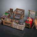 Artisan Workshop Scene With Wooden Frame Stone Wall Workbench Red Cabinet Easel And Tools