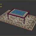 Wooden Coffee Table With Green Maze Design On Floral Pattern Decorative Rug