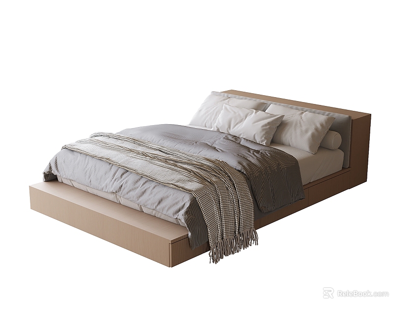 Modern Single Bed with Minimalist Design Wooden Frame Soft Bedspread and Pillows 3d model 