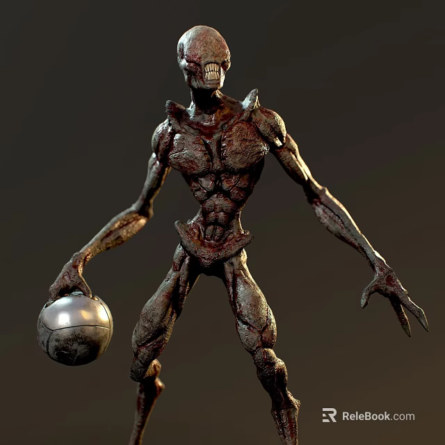 Sci Fi Horror Creature Sculpture With Detailed Muscle Structure Holding Metallic Sphere 3d model 