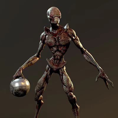 Sci Fi Horror Creature Sculpture With Detailed Muscle Structure Holding Metallic Sphere 3d model