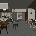 Modern Restaurant Interior With Wooden Tables Pendant Lights Decorative Plants And Natural Light