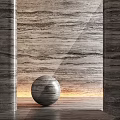 Elegant Interior With Wood Grain Wall Circular Samples Spherical Decor And Soft Lighting 3d model