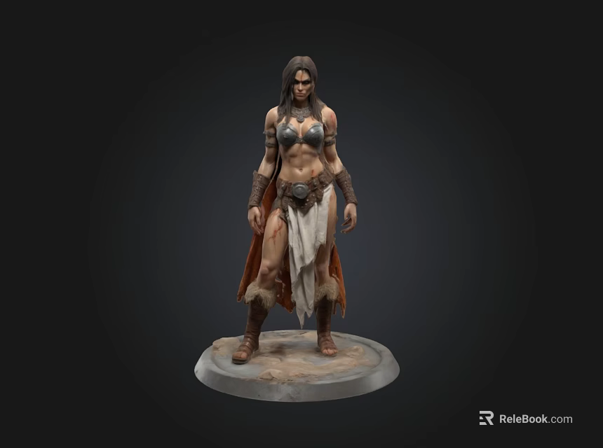 3D Female Warrior Character Model With Detailed Armor And Tattered Cloak On Stone Base 3d model 