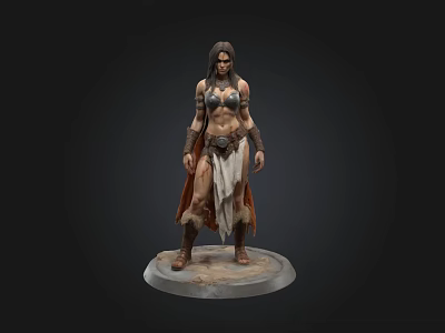 3D Female Warrior Character Model With Detailed Armor And Tattered Cloak On Stone Base 3d model