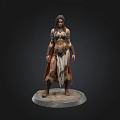 3D Female Warrior Character Model With Detailed Armor And Tattered Cloak On Stone Base