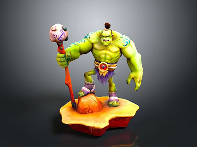 Muscular Green Man Holding Colorful Staff Standing On Orange Base With Purple Waistband 3d model