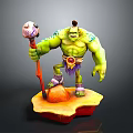 Muscular Green Man Holding Colorful Staff Standing On Orange Base With Purple Waistband