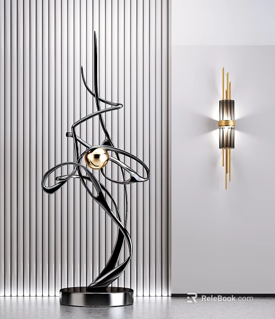 Modern Abstract Metal Sculpture With Curved Black Lines And Gold Circular Accent Decoration 3d model 