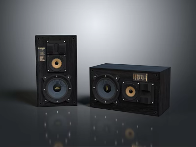 Black Audio Speakers With Circular Drivers Brand Logo And Smooth Surface Finish 3d model