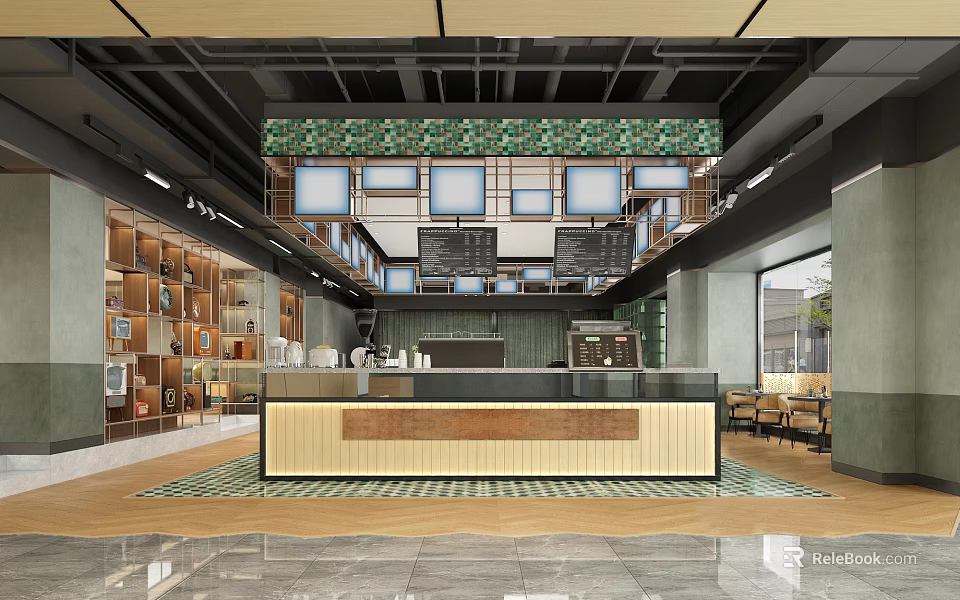 Modern Coffee Shop Interior With Wooden Counter Greenery Decor Bookshelves And Seating Area 3d model 