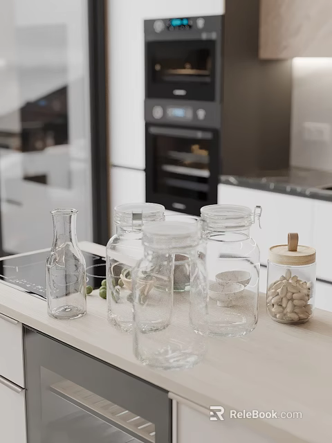 Clear Glass Jars On Kitchen Countertop For Olive Oil And Beans Storage Organization 3d model 