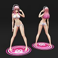 Pink Haired Girl Wearing Headphones In Bikini Standing Front And Back Views On Circular Base
