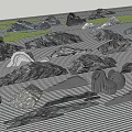 Various Shapes Sizes Stones And Wood Textures On Gray Ground With Green Grass