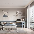 Modern Kids Room Interior With Star Cloud Decor Bed Desk Shelves And Toys