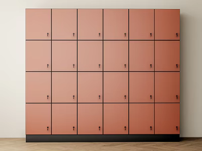 Coral Pink Multiple Door Lockers Against White Wall With Wooden Floor 3d model
