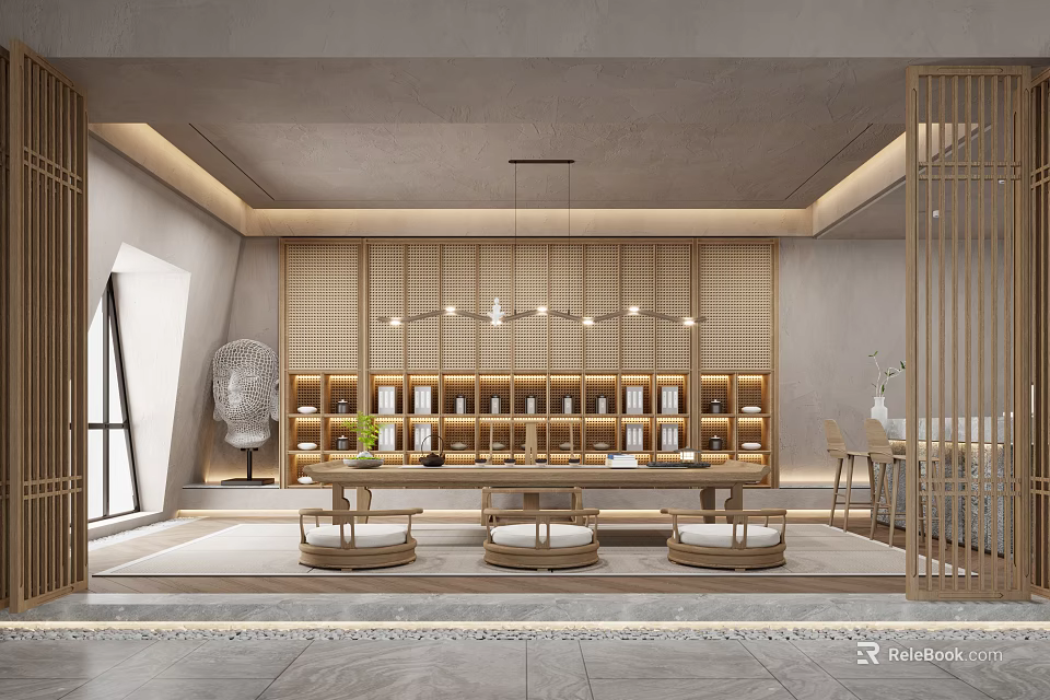 Modern Minimalist Tea Room Interior Design With Wooden Bookshelves Long Tea Table And Pendant Lights 3d model 