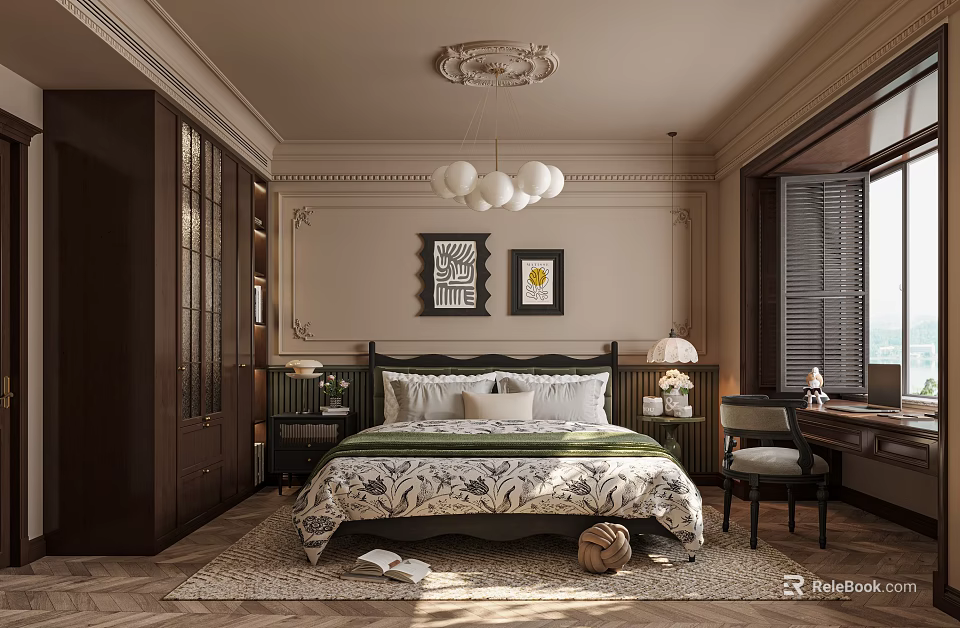 Classic Style Bedroom Interior With Chandelier Decorative Paintings Area Rug And Wooden Furniture 3d model 