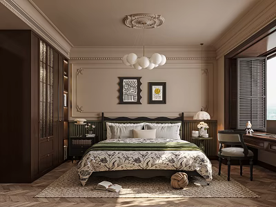 Classic Style Bedroom Interior With Chandelier Decorative Paintings Area Rug And Wooden Furniture 3d model