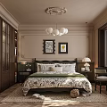 Classic Style Bedroom Interior With Chandelier Decorative Paintings Area Rug And Wooden Furniture