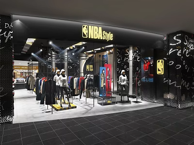 NBA Style Clothing Store Interior With Mannequins And Trendy Apparel Displays 3d model